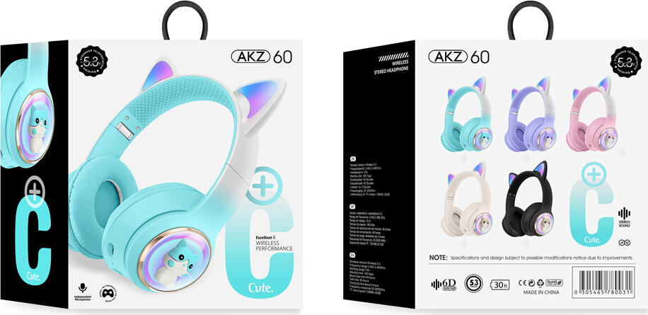 Musen AKZ-60 Wireless Stereo On-Ear Headphones with Cat-Ear LED Lighting, Purple, Bluetooth 5.3, 40mm Drivers, 6D Sound, TF Card Slot, 30h Battery Life