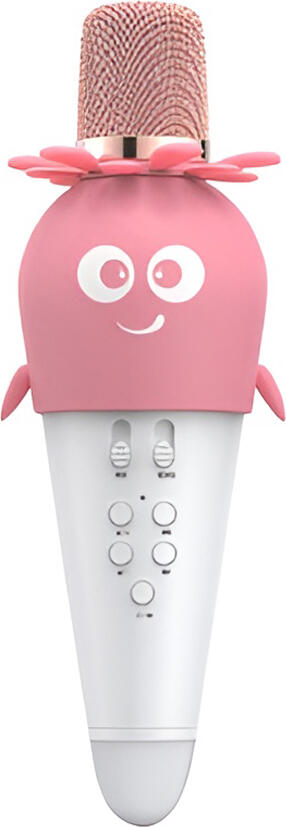 WOO K5 Wireless Karaoke Microphone with 5W Speaker, 1800mAh Battery, USB-C, Bluetooth, MicroSD, AUX, LED Lights, Pink ABS, Character Silicone Sleeve