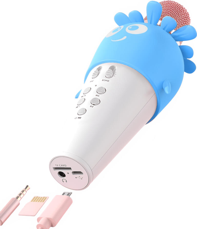 WOO K5 Wireless Karaoke Microphone, Blue, ABS Plastic and Metal Alloy, 5W Speaker, 1800mAh Battery, Bluetooth, MicroSD, AUX, LED Lights, Character Silicone Sleeve