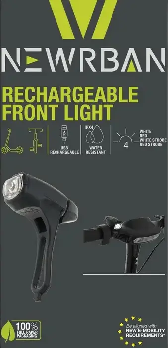 Newrban NEWMLIGHTUSBK Rechargeable USB Light for Bicycles and Scooters, 4 Lighting Modes White Red Flashing, Lithium 3.7V Battery, Silicone Mount, Black