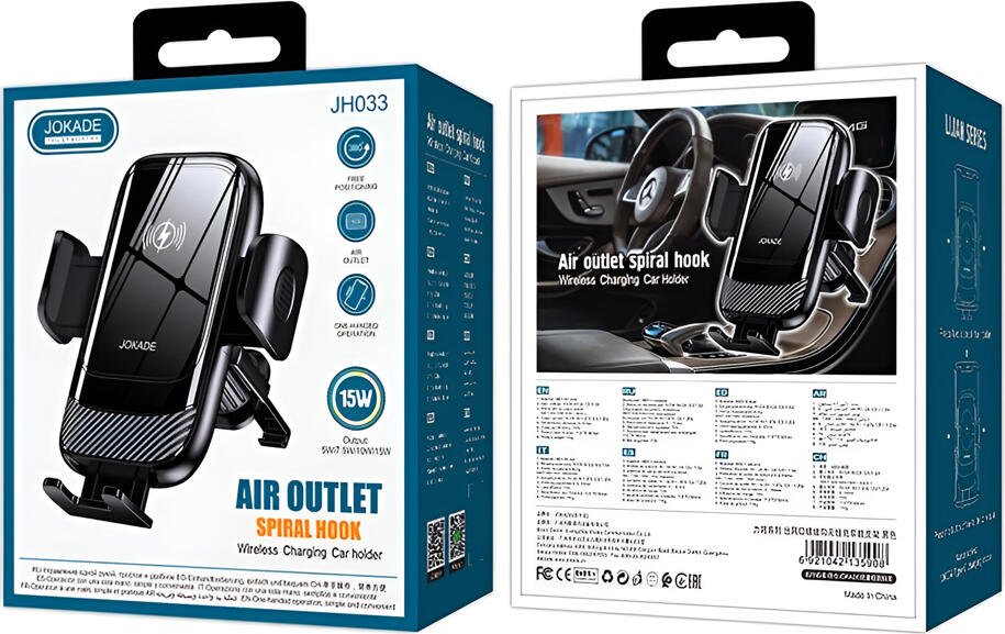 Jokade JH033 Lijian Series Wireless Charging Car Holder, 15W Max Fast Charge, Air Outlet Spiral Hook Mount, 360 Rotation, for 4.7-6.7 inch Qi Devices