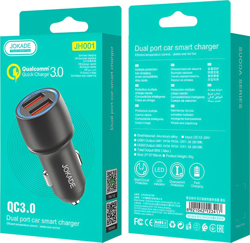 Jokade JH001 Dual Port Car Smart Charger, 36W Total Output, Qualcomm Quick Charge 3.0, 2x USB-A Ports, Aluminum Alloy Shell, Black