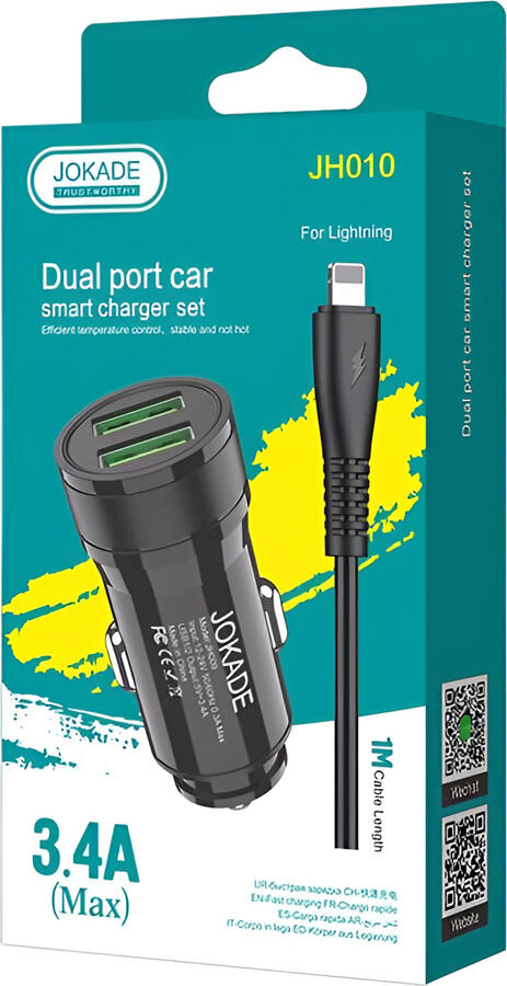 Set Incarcator Auto Smart Jokade JH010, Dual Port, 17W 3.4A Max, DC 12-24V, Plastic Fireproof ABS+PC, 2 Porturi USB-A, include Cablu USB 1m