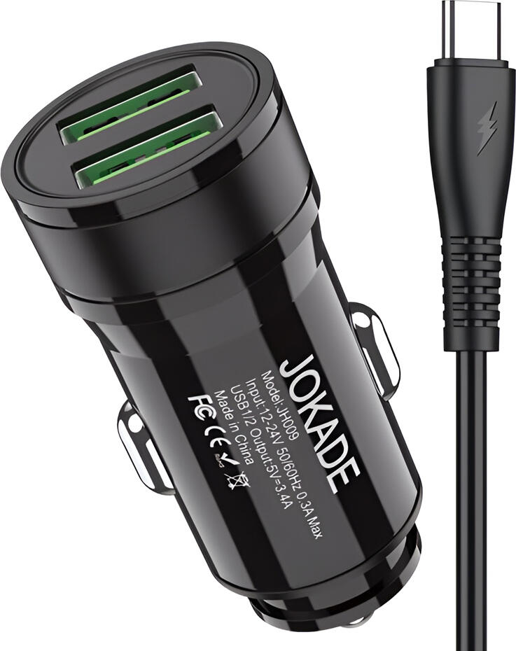 Jokade Car Charger 2*USB-A with Cable USB-A to Type-C 3.4A JH010, Black