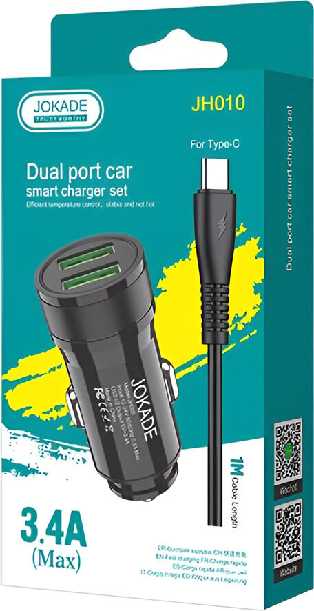 Set Incarcator Auto Smart Jokade JH010, Dual Port, 17W 2.4A Max, DC 12-24V, Plastic Fireproof ABS+PC, 2 Porturi USB-A, include Cablu USB 1m