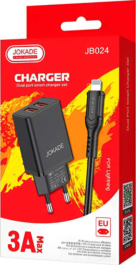 Set Incarcator Priza Jokade JB024, Dual USB-A 5V 3A Tehnologie Smart Charging, Priza EU, Include Cablu USB-A la Lightning pentru Apple iPhone iPad iPod, Negru