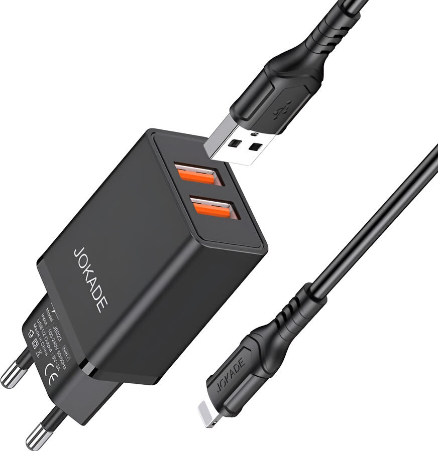 Jokade Wall Charger with Cable USB-A to Lightning Dual Port JB024 3A, Black