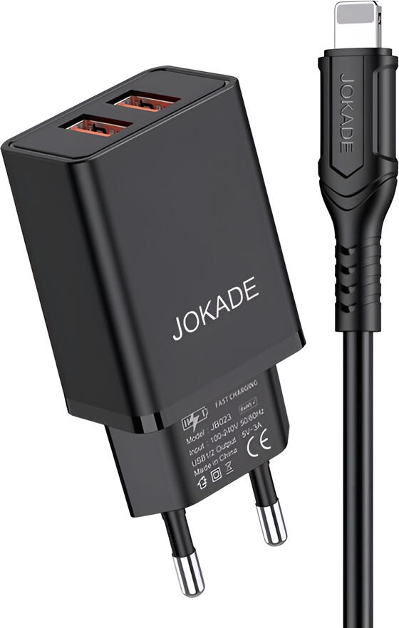 Set Incarcator Priza Jokade JB024, Dual USB-A 5V 3A Tehnologie Smart Charging, Priza EU, Include Cablu USB-A la Lightning pentru Apple iPhone iPad iPod, Negru