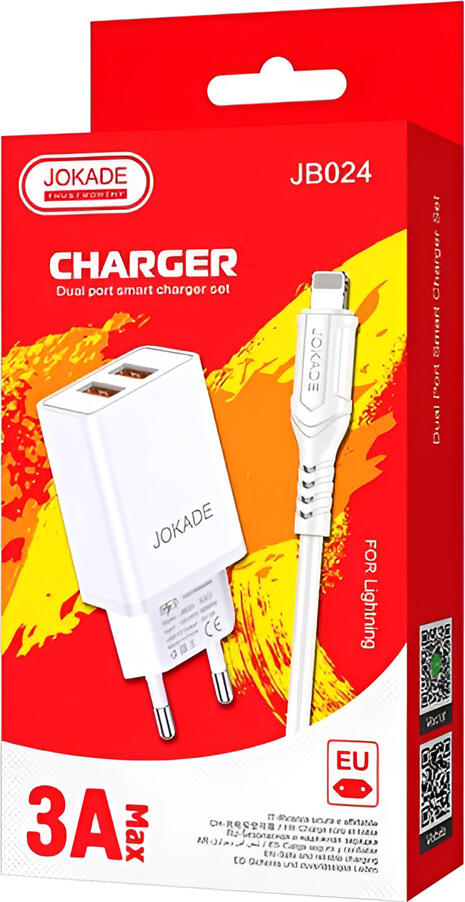 Set Incarcator Smart Jokade JB024 cu Doua Porturi, Incarcator Rapid de Perete 5V 3A cu Cablu USB-A la Lightning, Priza EU, pentru Apple iPhone iPad