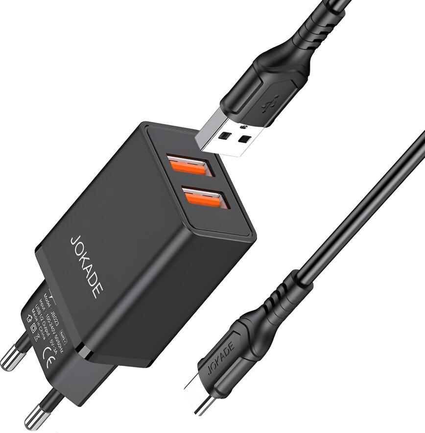 Jokade Wall Charger with Cable USB-A to Type-C Dual Port JB024 3A, Black