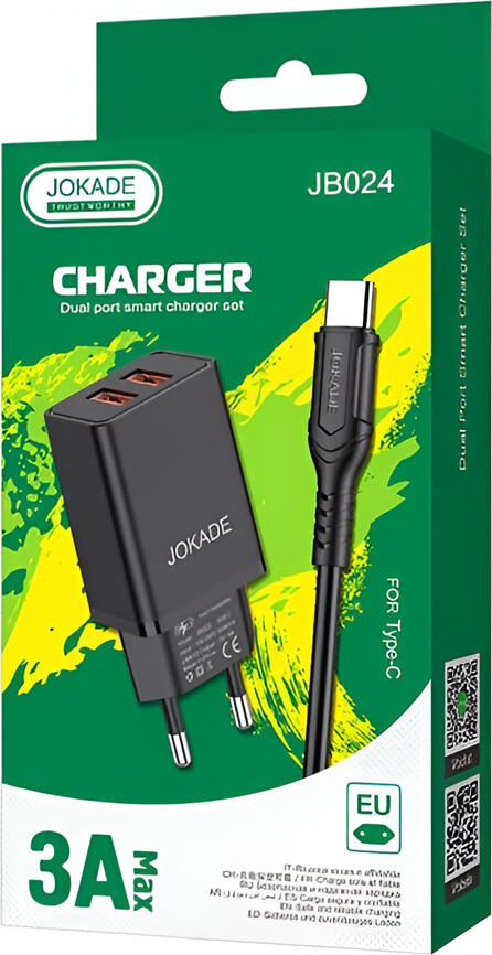Jokade JB024 Dual Port USB-A Wall Charger Set, 5V 3A Intelligent Charging, EU Plug, Includes USB-A to USB Type-C Cable, Black