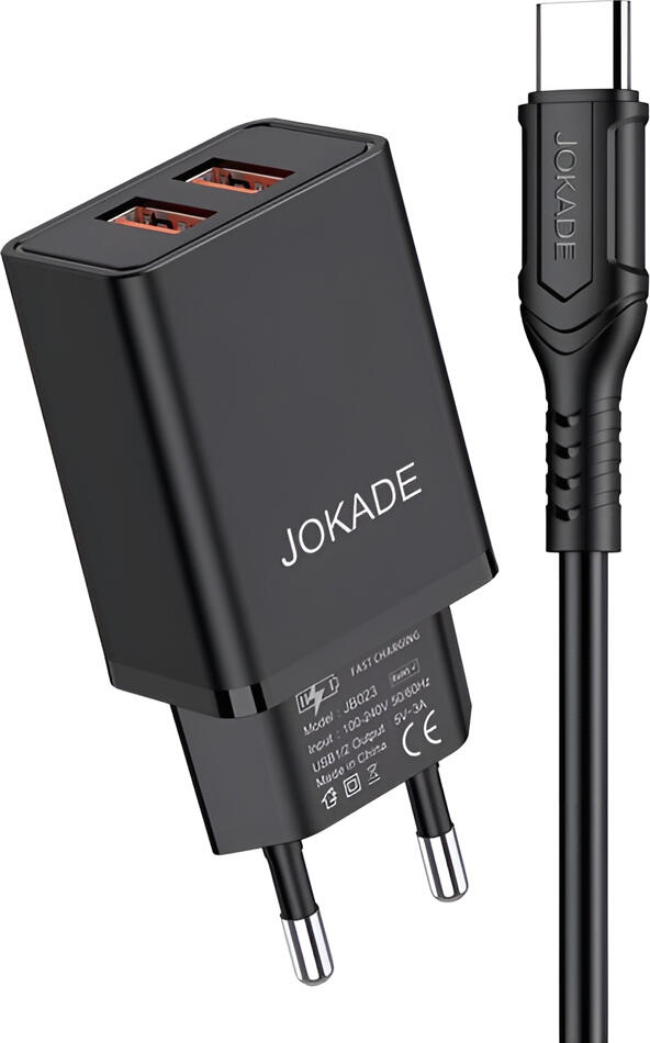 Jokade JB024 Dual Port USB-A Wall Charger Set, 5V 3A Intelligent Charging, EU Plug, Includes USB-A to USB Type-C Cable, Black