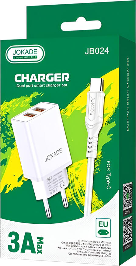 Jokade JB024 Wall Charger with USB-A to Type-C Cable, Dual USB-A Ports 5V 3A, EU Plug, Intelligent Charging and Overcharge Protection, White