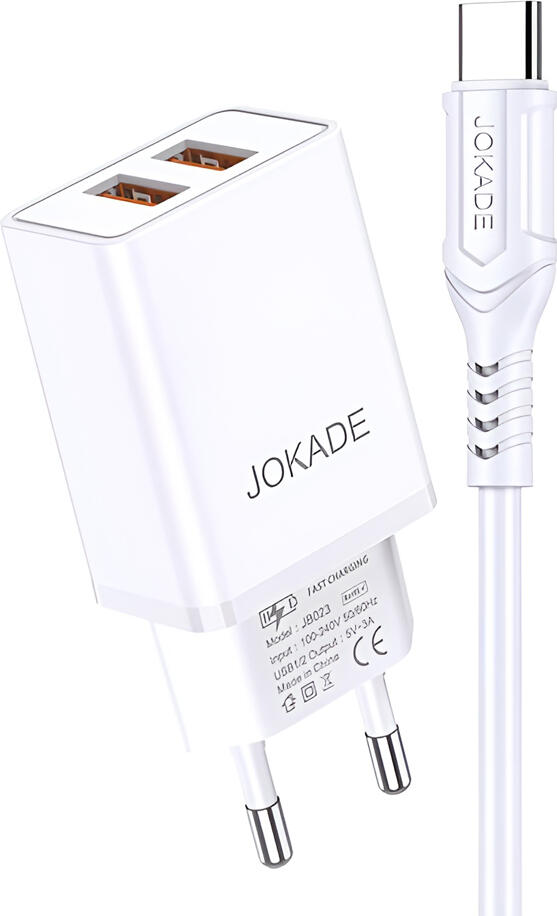 Jokade JB024 Wall Charger with USB-A to Type-C Cable, Dual USB-A Ports 5V 3A, EU Plug, Intelligent Charging and Overcharge Protection, White