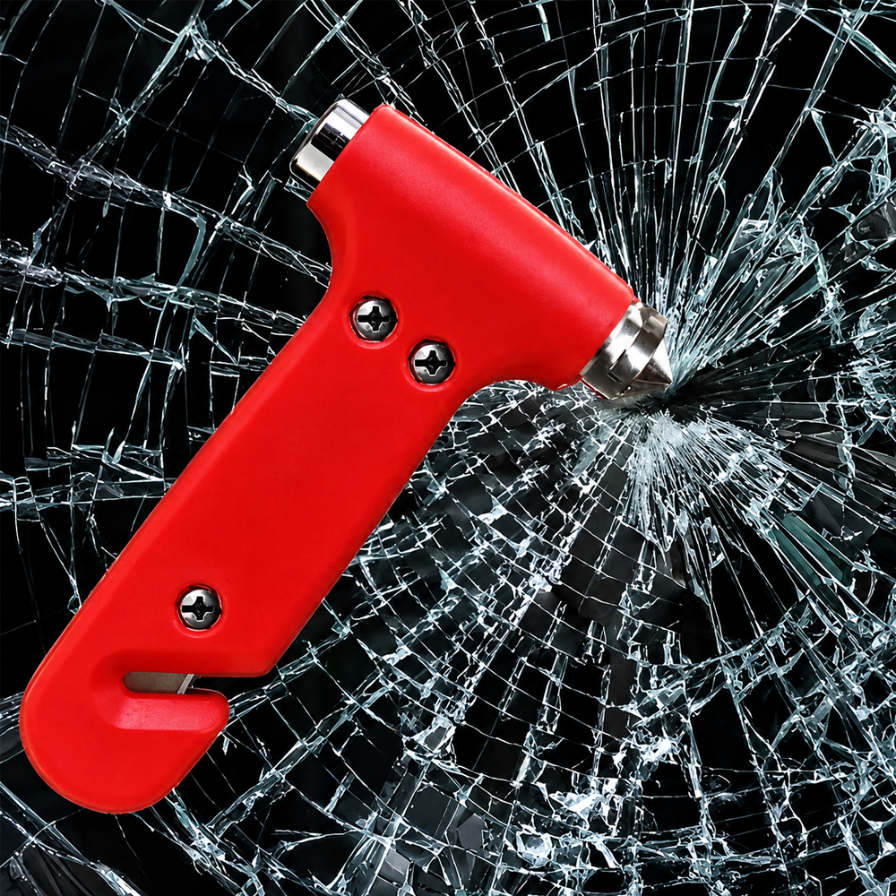 2-in-1 Car Emergency Escape Tool, Window Breaker with Hardened Stainless Steel Tips and Integrated Seatbelt Cutter, Red, with Mounting Bracket