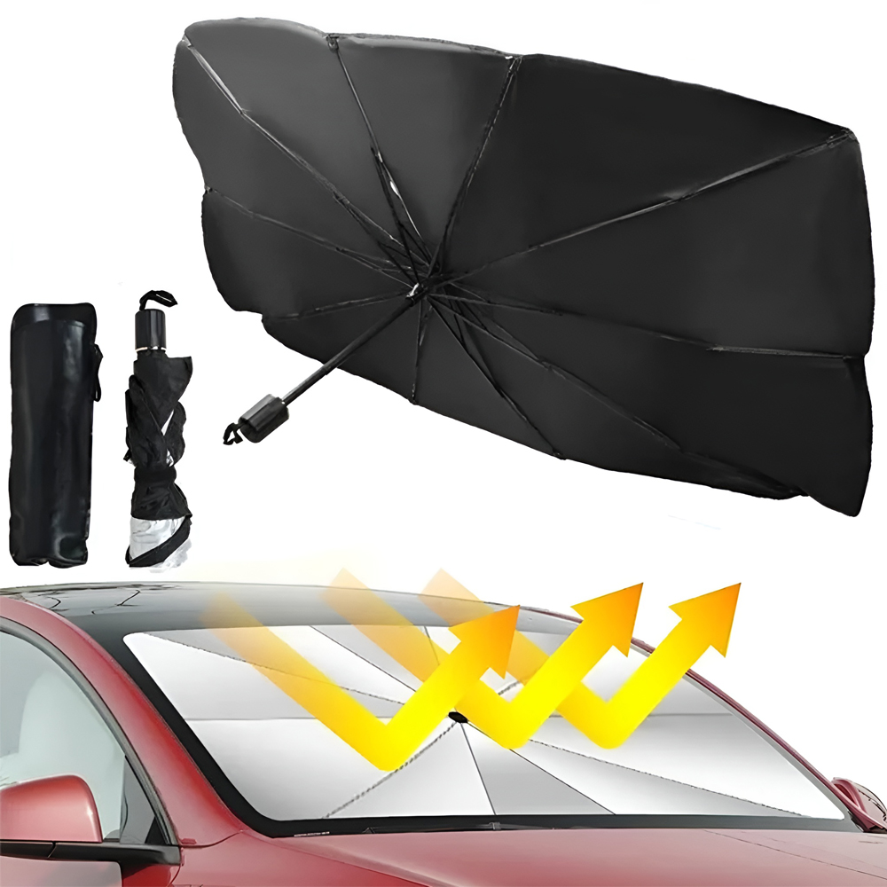Compact Car Umbrella Sunshade 79x140cm, Reflective UV Heat Block Polyester Windshield Protector, Foldable Metal Alloy Frame, Black