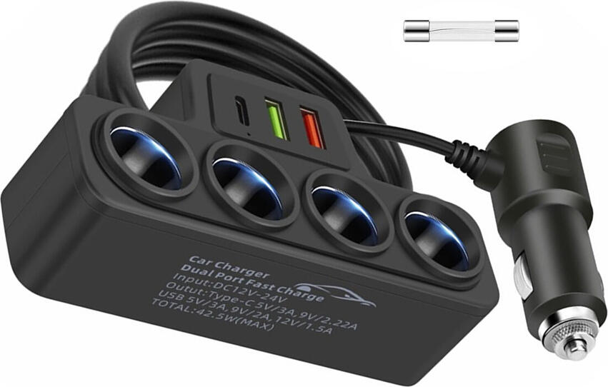 NO Brand Car Cigarette Lighter Adapter 4 Sockets 120W, Black