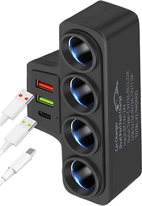 Adaptor Brichetar Auto 120W, 4 Prize Socket cu Porturi USB-C si USB-A, DC 12V-24V, ABS Rezistent la Caldura, Protectie Supracarga, Negru