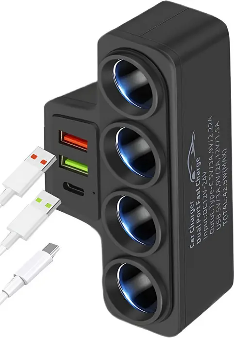 Adaptor Brichetar Auto 120W, 4 Prize Socket cu Porturi USB-C si USB-A, DC 12V-24V, ABS Rezistent la Caldura, Protectie Supracarga, Negru