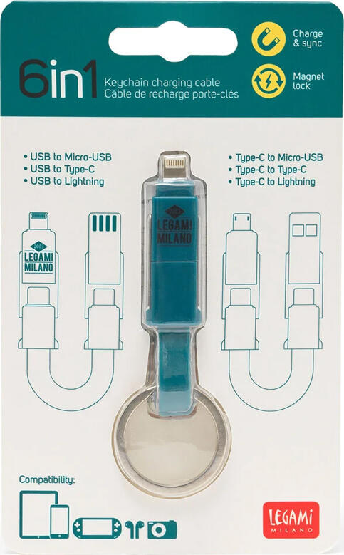Legami Milano 6-in-1 Keychain Charging Cable, USB-A to USB-C, Micro-USB and Lightning, Charge & Sync, ABS Material with Magnet Lock