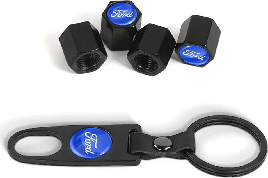 Ford Aluminum Tyre Valve Caps with Matching Keychain, Black Corrosion-Resistant Airtight Seal Dust and Moisture Protection Set