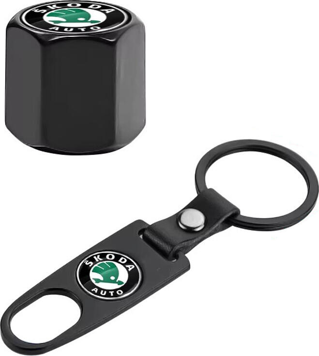 Set Capace Valve Anvelope și Breloc, Skoda, Aluminiu Negru Rezistent la Uzura, Garnituri pentru Etansare, Rezistent la Coroziune, Dimensiune Standard