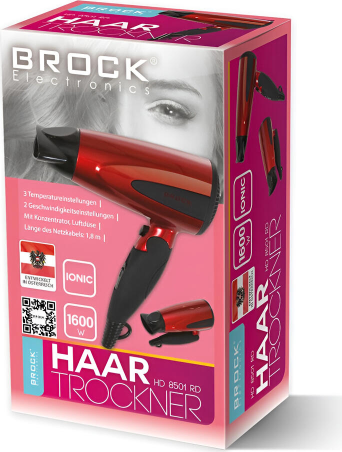Brock HD 8501 RD Hair Dryer, 1200-1600W, Ionization, Cold Air Function, Foldable Handle for Travel, Heat-Resistant Plastic, Concentrator Nozzle, Red