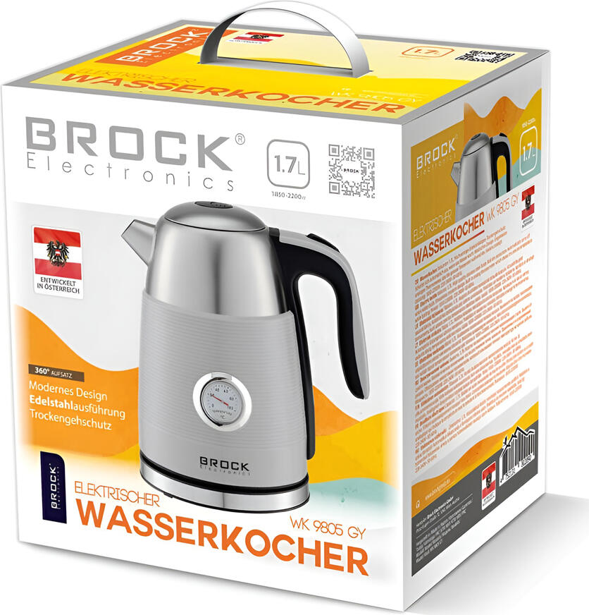 Brock Electronics WK 9805 GY Electric Kettle, 1.7L, 2200W, Stainless Steel, Grey, with Analog Thermometer, Dry Boil Protection and 360 Swivel Base