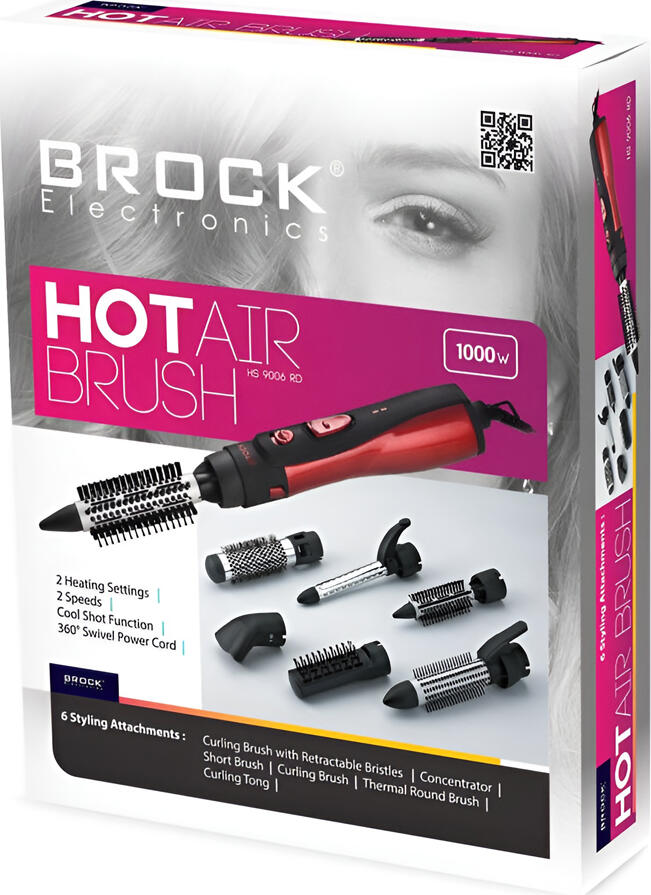 Uscător de păr BROCK HS 9006 RD 1000W, 2 Trepte de Viteză și Temperatură, Funcție Cool Shot, Cablu Rotație 360°, 6 Accesorii de Styling, Roșu