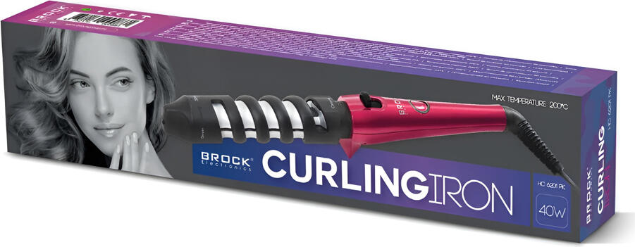 Brock Electronics HC 6201 Spiral Curling Iron, 40W, Ceramic Coating, 200°C Max Temp, Swivel Cord, Compact Portable Hair Curler