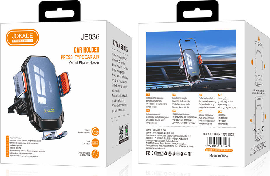 Suport Telefon Auto Jokade JE036 Seria Xiyan, Prindere Grila Ventilatie Sistem Gravitatie, Rotire 360 Grade pentru Ecrane 4.7-6.7 inch, ABS PC Negru
