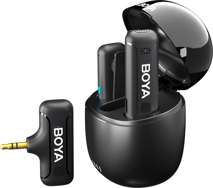 Boya BY-WM3T-U2 2.4GHz Dual-Channel Wireless Microphone System, Omnidirectional Condenser Mic with Noise Cancellation, 100m Range, Charging Case, Black