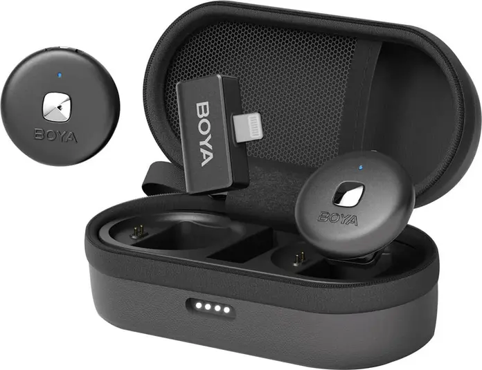 Boya Omic-D-B Dual-Channel Wireless Microphone System for iOS Lightning, 2.4GHz, 48kHz/24-bit, Omnidirectional with Noise Cancellation and Charging Case