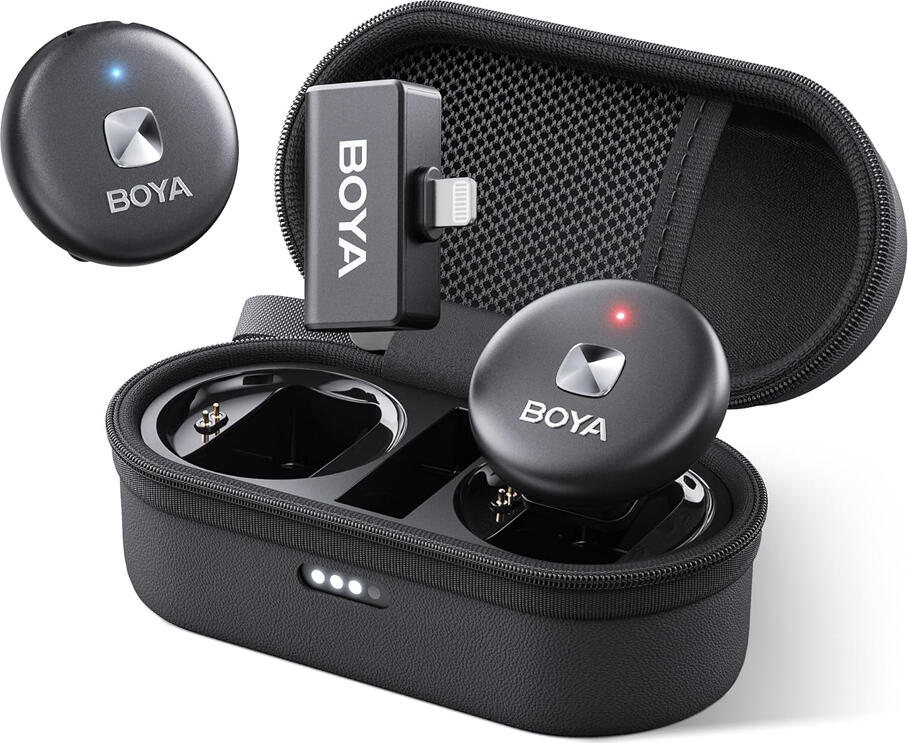 Boya Omic-D-B Dual-Channel Wireless Microphone System for iOS Lightning, 2.4GHz, 48kHz/24-bit, Omnidirectional with Noise Cancellation and Charging Case