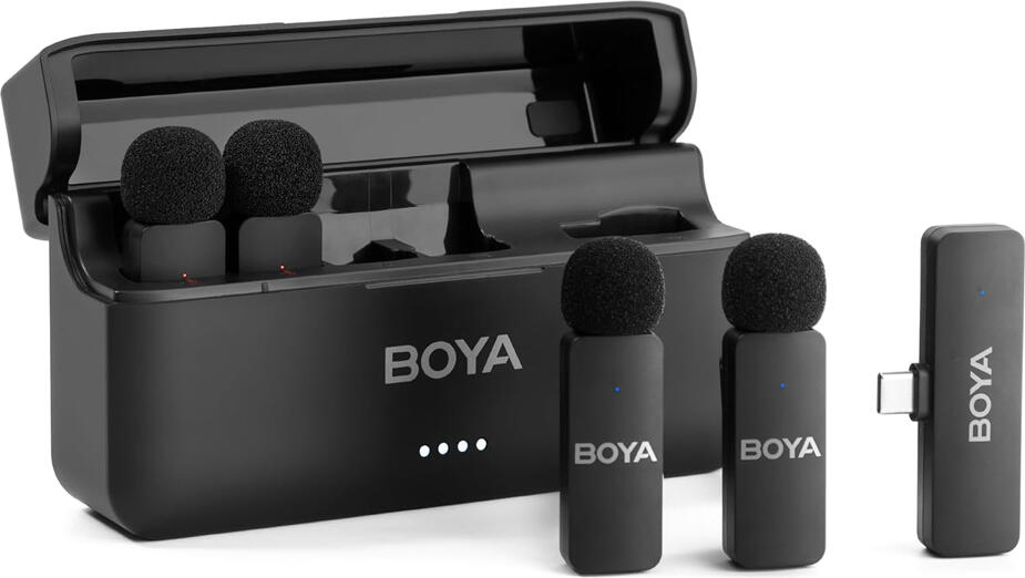 Boya BY-V4U 4-Channel Mini Wireless Microphone System for USB-C, Omnidirectional, Dual Noise Cancellation, 200m Range, with Charging Case - Black