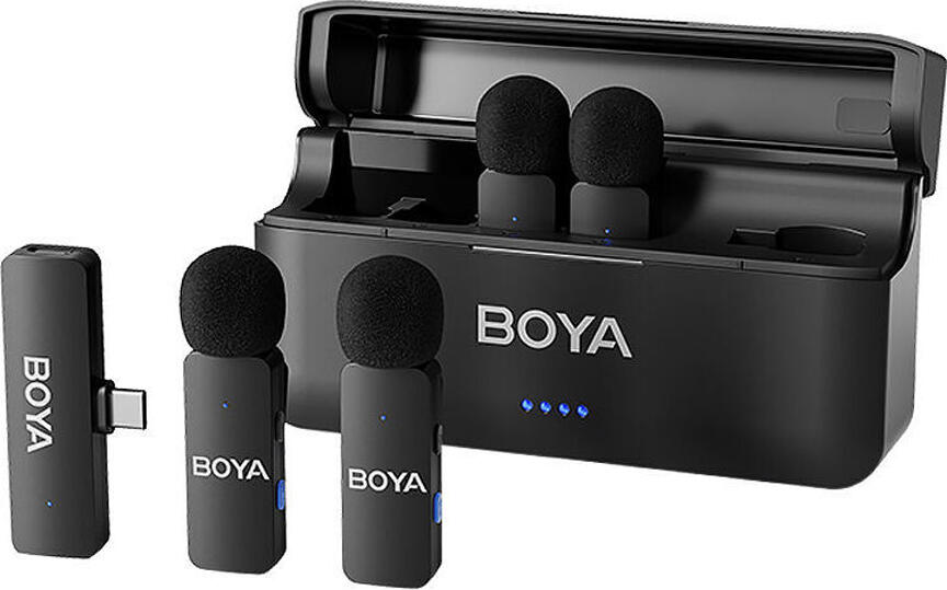 Boya BY-V4U 4-Channel Mini Wireless Microphone System for USB-C, Omnidirectional, Dual Noise Cancellation, 200m Range, with Charging Case - Black