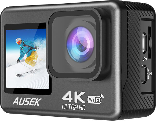 AUSEK WiFi action camera with dual color screen, 16MP, 4k/30fps, 900mAh, Black