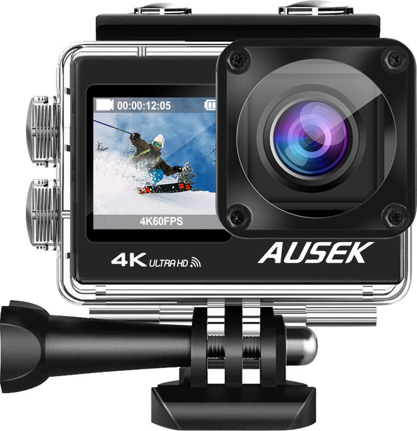 AUSEK AT-Q60AR Action Camera 4K 30fps Video 16MP Photo, Dual Screen 2.0" IPS & 1.3" Color, WiFi, Waterproof up to 30m with Case, Black