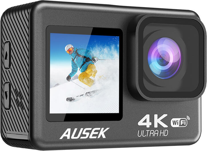 AUSEK AT-Q60AR Action Camera 4K 30fps Video 16MP Photo, Dual Screen 2.0" IPS & 1.3" Color, WiFi, Waterproof up to 30m with Case, Black