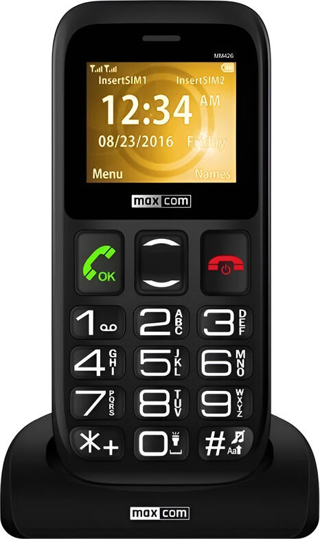 Maxcom Comfort MM426 SE Mobile Phone, 1.77-inch Display, SOS Button, FM Radio, Flashlight, Micro SIM, microSD up to 32GB, Desk Charging Stand, Black