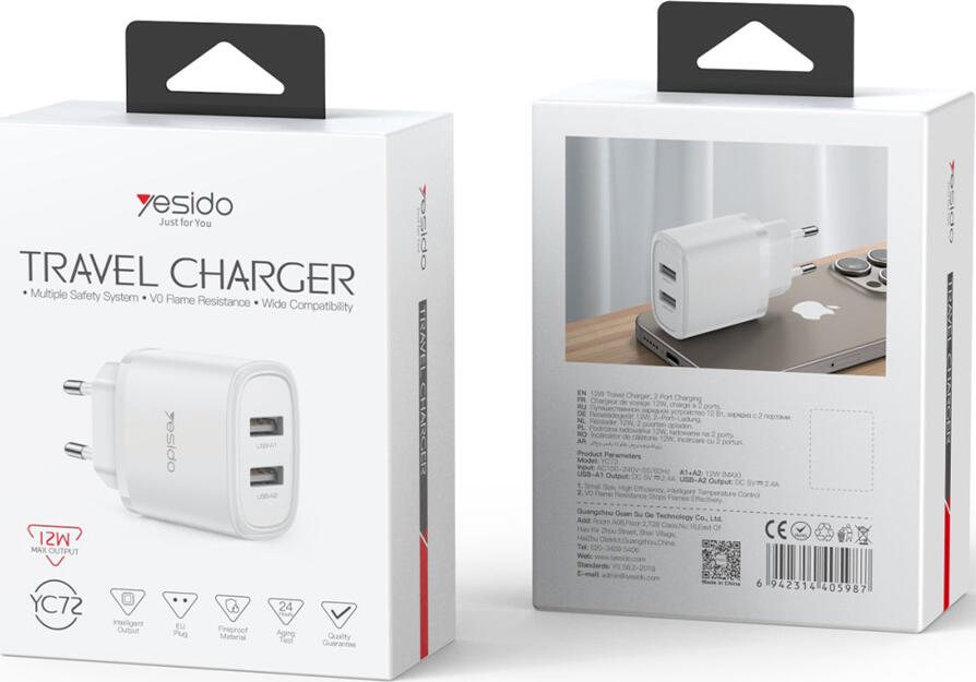 Incarcator de Perete Yesido YC72 24W Max Dual USB-A Adaptor de Calatorie Priza EU din PC Ignifug cu Control Inteligent al Temperaturii Alb