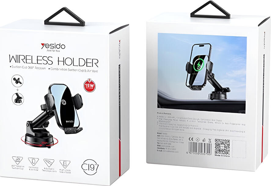 Yesido C197 Wireless Charging Car Phone Holder, 15W Qi Fast Charge, Automatic Clamping, 360 Rotation, Suction Cup and Air Vent Mount, 4.7-7.5 inch