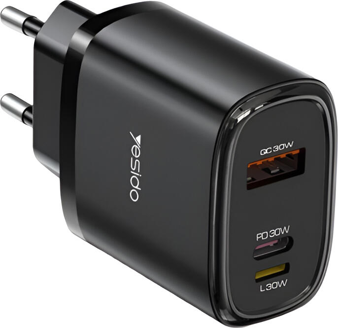 Yesido Wall Charger 1*USB-A+1*Type-C+1*Lighting 30W Max with Cable Type-C to Lighting YC52, Black