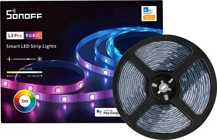 Bandă LED Inteligentă Sonoff L3 Pro RGBIC, 5m Wi-Fi, Control Aplicație eWeLink și Voice Control, Sincronizare Muzică, Protecție IP54, 16 Milioane Culori