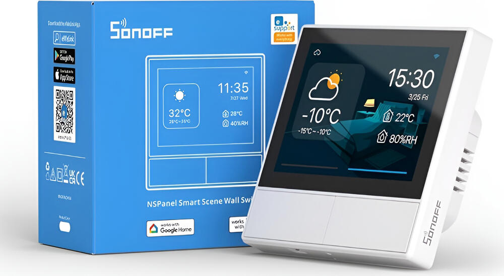 Intrerupator Intelig de Perete Sonoff NSPanel Wi-Fi cu Doua Canale, Ecran Tactil Color de 3.5 inch, Termostat si Senzori Integrati, Control Voce