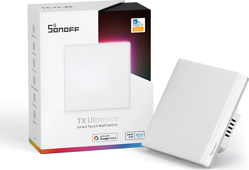 Sonoff TX Ultimate T5 Smart Touch Wall Switch, 1-gang, Wi-Fi and BLE, RGB LED Edge Lighting, eWeLink App, Alexa and Google Home, Neutral Wire Required, 86x86mm