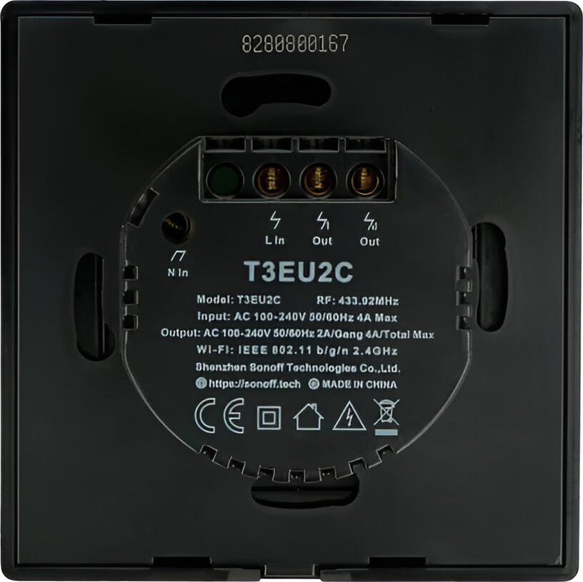 Sonoff TX Series T3EU1C Smart Touch Wall Switch, 2-gang, Wi-Fi 2.4GHz & RF 433.92MHz, eWeLink & IFTTT Support, Glass Panel, EU Standard, Neutral Wire Required