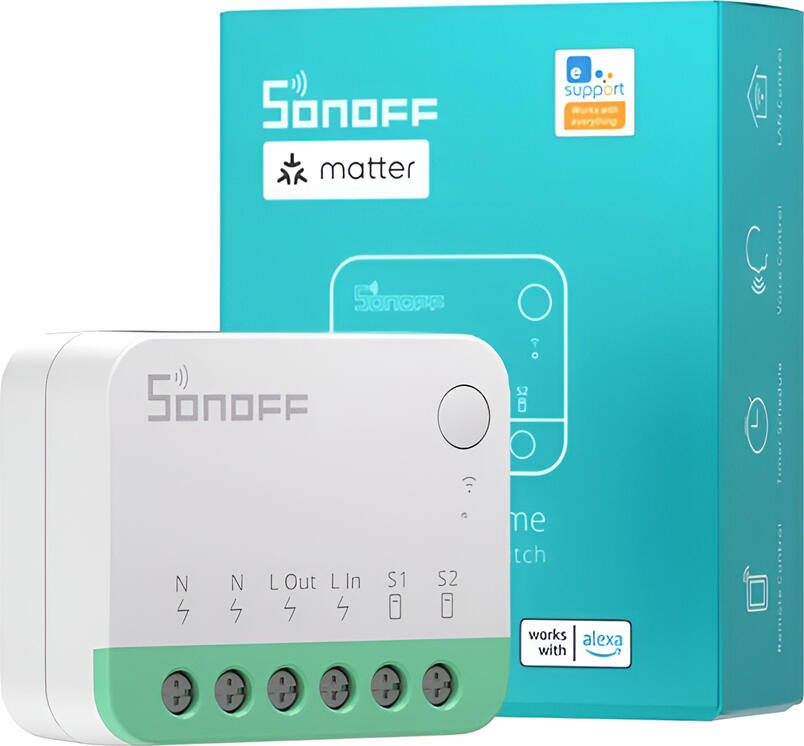 Sonoff MINIR4M MINI Extreme Smart Switch, Matter over Wi-Fi 2.4GHz, 10A Max Load, 100-240V, Fire-Retardant PC, Compatible with Apple Home, Alexa, Google