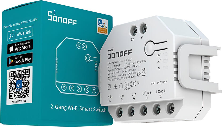 Sonoff DUALR3 2-Gang Wi-Fi Smart Switch, 100-240V AC, 15A Max, Power Metering, Alexa and Google Assistant Compatible, eWeLink App, White