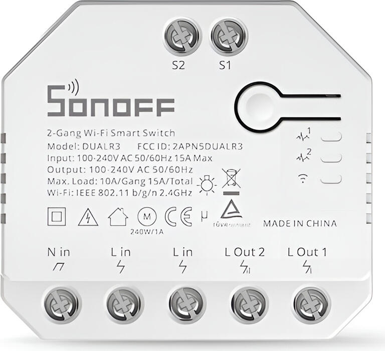 Sonoff DUALR3 2-Gang Wi-Fi Smart Switch, 100-240V AC, 15A Max, Power Metering, Alexa and Google Assistant Compatible, eWeLink App, White
